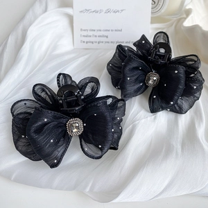 Elegant Mesh Bow Hair Claw Clip With Rhinestone Decoration Sweet Style Hair Accessory For Women Fashionable Headpiece