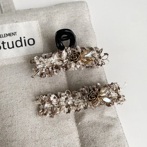 Handmade tweed hair clip set with vintage metal flower and amber crystals in brown and beige