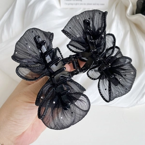 Elegant black mesh bow hair claw clip with sparkling rhinestones for thick hair