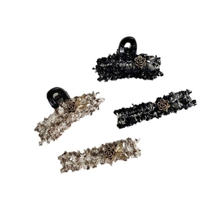 French vintage tweed hair claw clip set with camellia and rhinestone accents