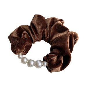 Brown velvet scrunchie with elegant pearls, chic hair tie for vintage hair styling