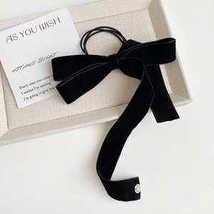 French style black velvet bow hair scrunchie with long ribbons and gold pendant