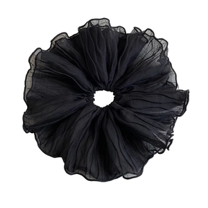 Oversized black pleated scrunchie with soft ruffled fabric texture for women hair accessories