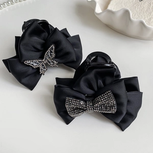 French Vintage Black Satin Bow Hair Claw Clip Elegant Rhinestone Butterfly Hairpin Large Non-Slip Grasp Clip For Women Styling Accessories