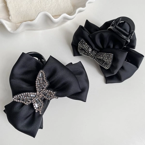 Elegant black satin ribbon shark clips with sparkling crystal butterfly hair accessories
