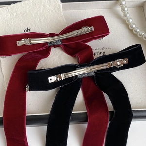 Elegant velvet bow hair clips with rhinestones in burgundy and black colors