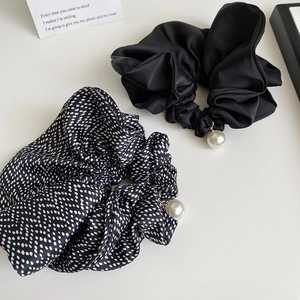 Elegant satin polka dot hair scrunchies set with pearl charms and high elasticity
