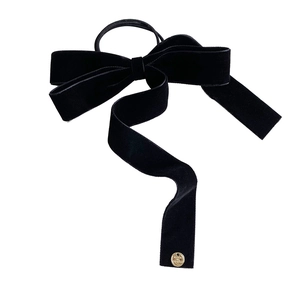 French style black velvet bow hair tie with long ribbons and gold metal charm accessory