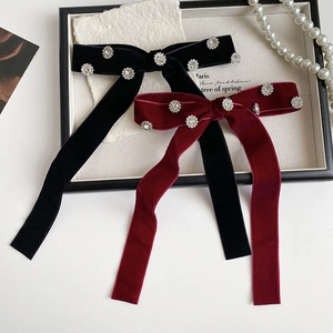Elegant Velvet Bow Hair Clip With Rhinestone Flower Long Streamer Spring Clip For Women Vintage French Hair Accessories