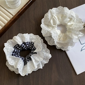 French Romantic Lace Scalloped Edge Scrunchie Vintage Gingham Cotton Hair Tie For Women Sweet Daily Hair Accessories