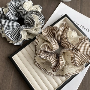 Large Lace Plaid Scrunchie For Women Retro Gingham Hollow Out Elastic Hair Tie Sweet French Vintage Hair Accessories