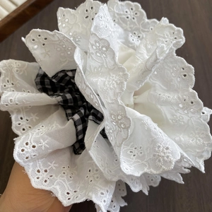 French lace oversized scrunchie with white eyelet embroidery and gingham pattern accents
