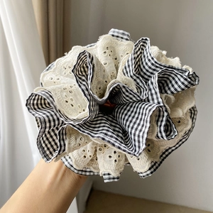 Black and white checkered hair scrunchie with beige lace embroidery trim for women