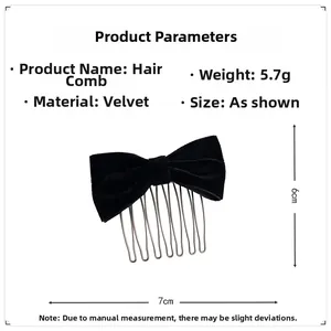 Detail of velvet bow hair comb showing measurements 7cm width and 5.7g weight