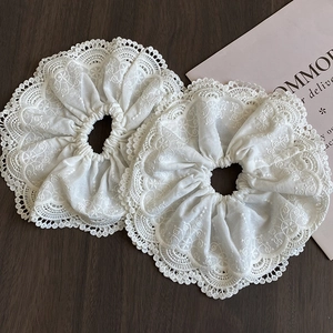 Large White Lace Embroidered Scrunchie Elegant Ruffle Hair Tie French Vintage Hair Accessories For Women Girls