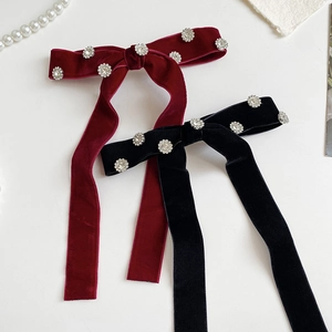 Elegant velvet bow hair clips with floral rhinestones in black and burgundy colors