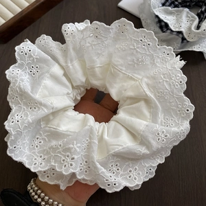 French romantic double-layered white lace scrunchie with intricate hollow embroidery details