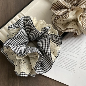 Elegant oversized plaid scrunchie with delicate lace embroidery trim for women