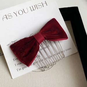 Elegant wine red velvet bow hair comb with silver metal teeth on white display card