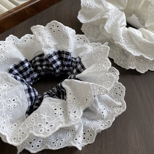French style double-layer lace scrunchies with embroidery and plaid patterns on wood