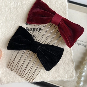 Velvet bow hair side combs in burgundy and black with polished metal teeth for women