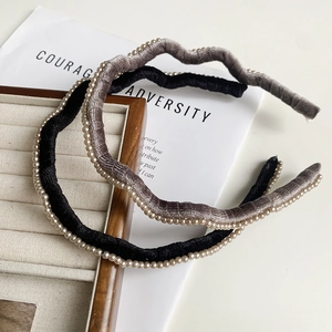 Serre-tête Ondulé en Velours Rétro Français Avec Fausse Künstliche Perle Bandeau Élégant Couleur Unie Pour Femmes Accessoires De Cheveux