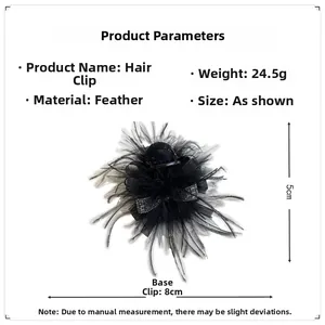 Detail view of black feather hair claw with rhinestone bow and size dimensions