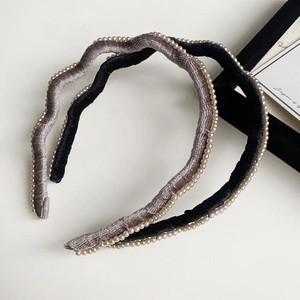 Serre-têtes élégants en velours ondulé avec perles en noir et gris, accessoires de cheveux
