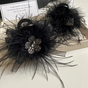 Black Feather Rhinestone Hair Claw Clip For Women Vintage Bow Mesh Shark Clip Hair Accessories For Party Wedding