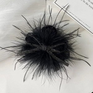 Elegant black feather hair claw with rhinestone bow and mesh veil on white background