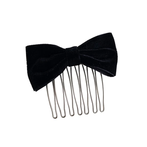 Elegant black velvet bow hair comb with seven metal teeth for French style updo hair