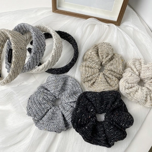 Knitted headband and scrunchie set in neutral grey and beige with hand made label