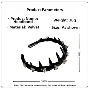 Macro view of black velvet wavy headband with rhinestones and anti-slip teeth detail