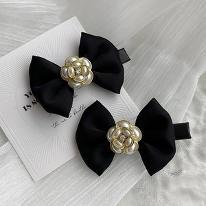 French Vintage Satin Bowknot Hair Clip With Faux Artificial Pearl Camellia Alloy Duckbill Clip For Women Elegant Hair Accessories