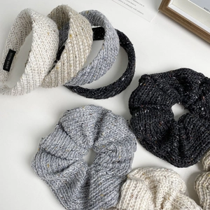 Knitted headband and scrunchie set in beige, grey and black with thick cable texture
