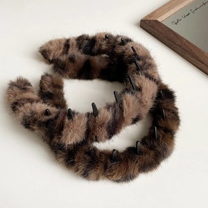 Vintage Leopard Print Plush Headband For Women Non-Slip With Teeth Faux Fur Hair Hoop Autumn Winter Fashion Hair Accessories