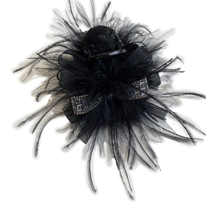 Elegant black feather hair claw clip with rhinestone detail and mesh bow decoration