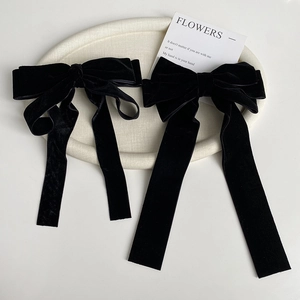 French Vintage Black Velvet Bow Hair Clip For Women Elegant Long Streamer Spring Clip Oversized Hair Accessories Daily Wear