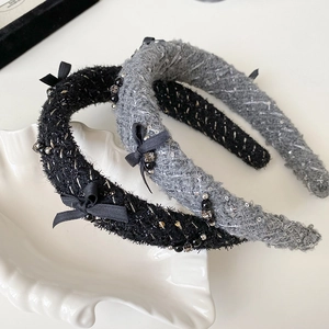 Vintage tweed headband for women with elegant sequins, black beads and bow decoration
