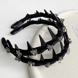 Handmade Punk Style Black Velvet Headband With Rhinestones And Spikes Non-Slip Wave Hair Hoop Fashion Hair Accessories For Women