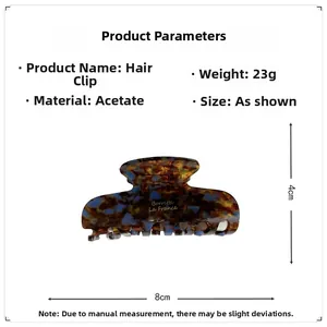 Tortoiseshell acetate hair claw clip measuring 8cm by 4cm with a 23g lightweight design