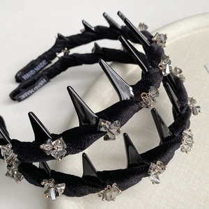 Punk wave headband with black velvet, rhinestone crystals and decorative metal spikes