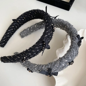 Vintage French Style Tweed Headband With Bow Rhinestone Artificial Pearl Elegant Thickened Hair Band Retro Hair Accessories For Women