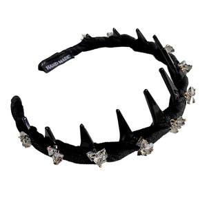 Gothic black velvet headband with grey crystals and spikes for a punk style look