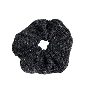 Dark grey knitted scrunchie with colorful tweed texture for elegant winter hairstyles