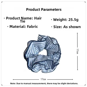 Detail specifications of blue striped fabric scrunchie showing 17cm size and 25.5g weight