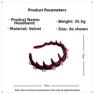 Detailed specs of wine red velvet headband with star crystals and 15x13cm dimensions