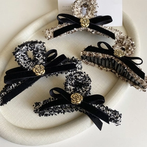 Pince à Cheveux Tweed Vintage Français Nœud en Velours Avec Fleur de Camélia Métallique Accessoire de Cheveux Élégant pour Femme
