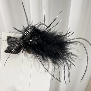 Pince à cheveux élégante avec plumes noires et nœud à paillettes pour l'automne-hiver