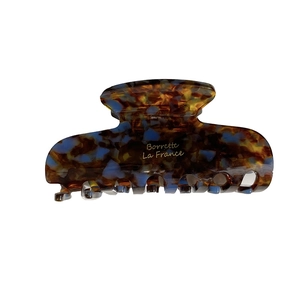 French style tortoiseshell acetate hair claw clip with golden logo in blue and brown